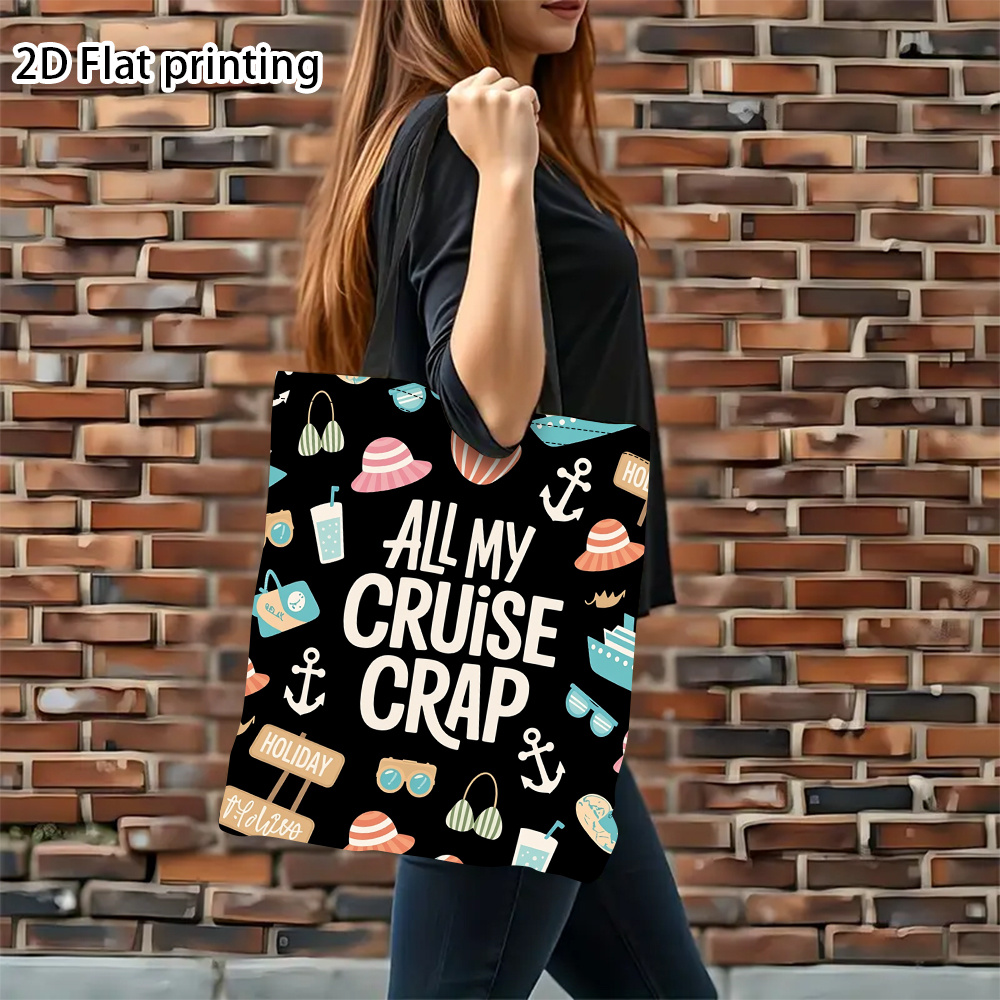 TEMU 1pc 1pc Suitable For Double-sided Tote Bag With Cruise Print - Foldable Reusable Grocery Bag Book Carrier & Shoulder Bag For Travel School
