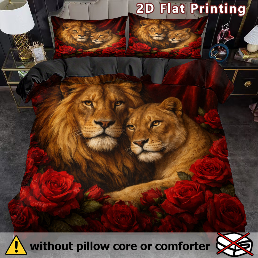 TEMU 3pcs 2d Flat Lion And Duvet Cover Set, Rose - Filled Print, Animal Print, Breathable Polyester, All - Season, Machine Washable, , No Insert For
