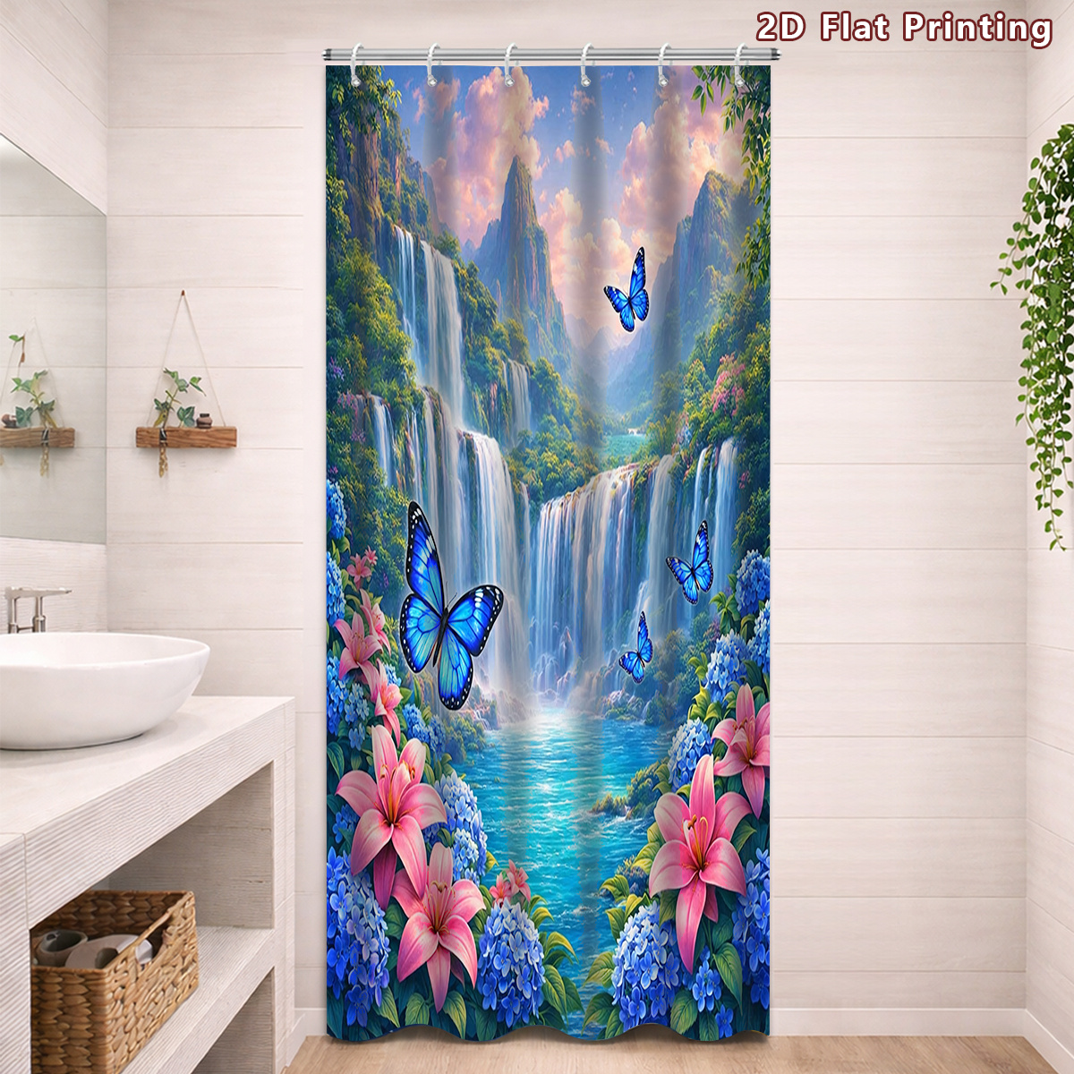 4pcs Serene Waterfall & Butterfly Shower Curtain Set with Toilet Lid Cover