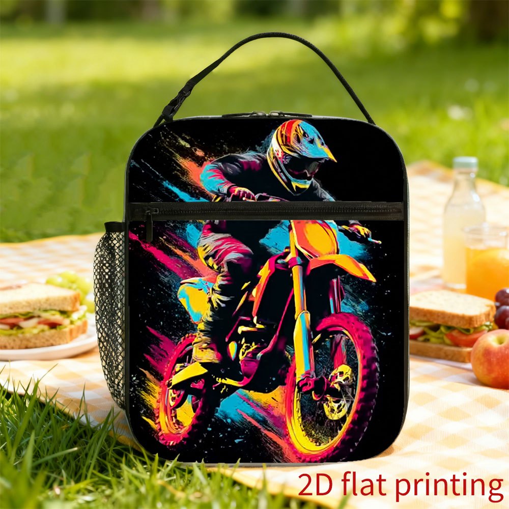 TEMU 1pc, Vibrant Motocross Rider Printed Thermal Bag Insulation Bag Insulated Bag, No Food Contact, Suitable For Home, Restaurant, Office, Unisex