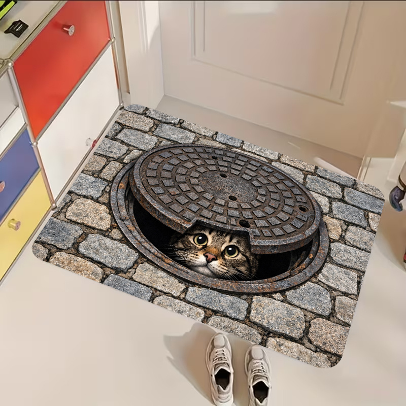 TEMU 1pc, 2d Flat Printing, Cute Cat Peeking Through Cover Entrance Doormat, Non-slip Machine Washable Easy-to-clean Polyester Carpet, Suitable For
