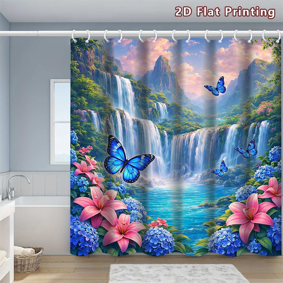 4pcs Serene Waterfall & Butterfly Shower Curtain Set with Toilet Lid Cover