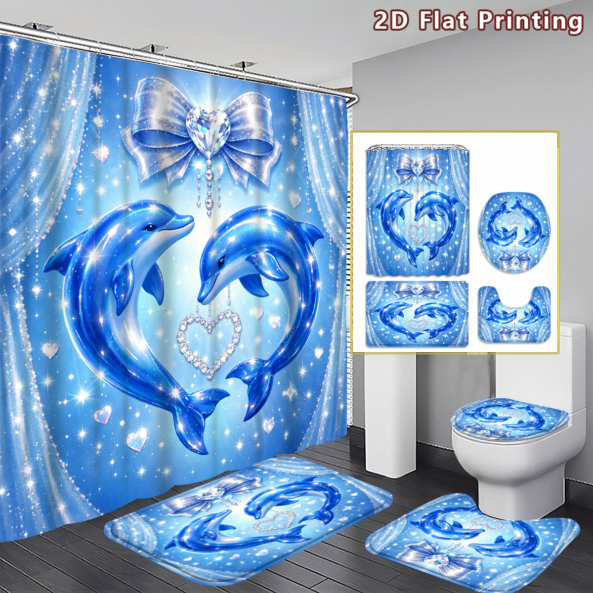 4pcs Dolphin Shower Curtain Set with Romantic Design