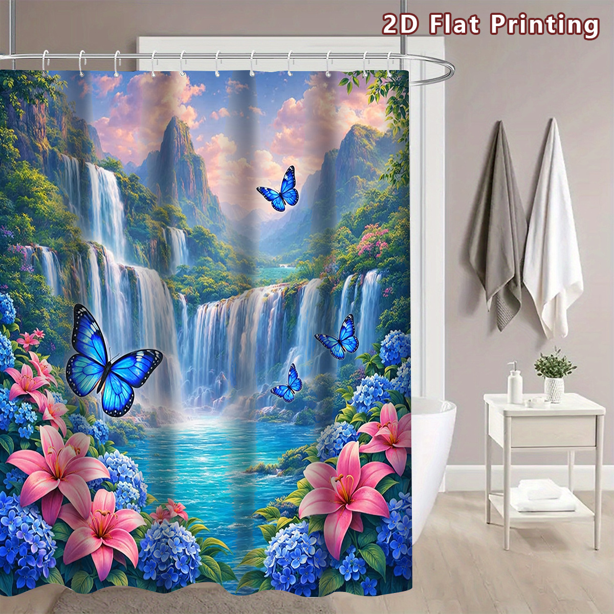 4pcs Serene Waterfall & Butterfly Shower Curtain Set with Toilet Lid Cover