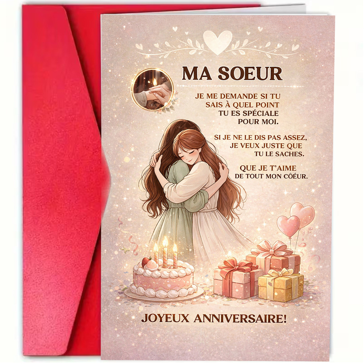 TEMU 1 carte d'anniversaire et pour sœur, texte en français, sœurs se serrant , cadeau pour sœur, papier de haute qualité, carte créative