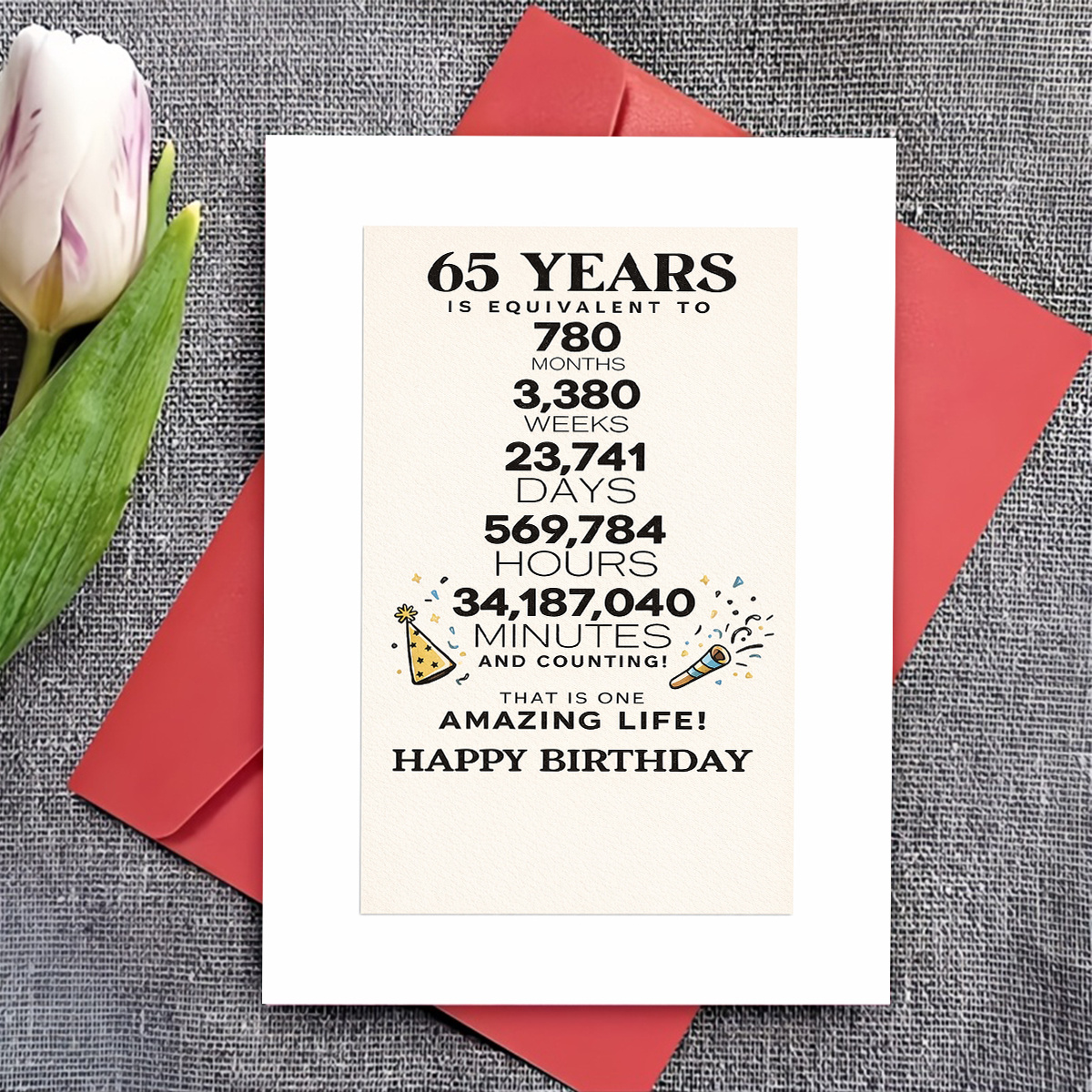 TEMU 1set(an Envelope And A Card) Elegant 65th Birthday Card, Happy Birthday Text, Celebration Countdown, Ideal For A 65 Year Old, , Red Or Optional,