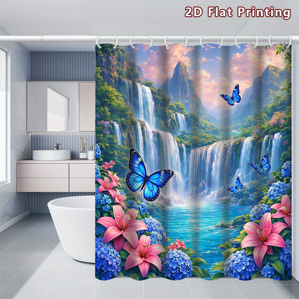 4pcs Serene Waterfall & Butterfly Shower Curtain Set with Toilet Lid Cover