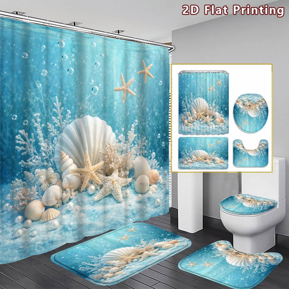 TEMU 2d Flat, 2d Flat 4pcs Sea Shells Shower Curtain Set, Blue And Life Bathroom Decor, Accessories With Bath Mat, U - Shaped Mat, Toilet Lid Cover,