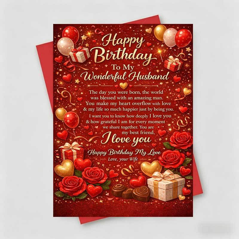 TEMU 1 Greeting Card + 1 Envelope. Elegant Birthday Card With A Romantic Red Design, Featuring "happy Birthday To My Wonderful Husband." Suitable For