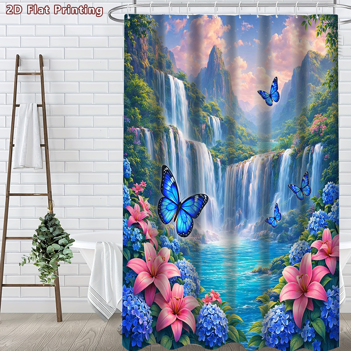 4pcs Serene Waterfall & Butterfly Shower Curtain Set with Toilet Lid Cover