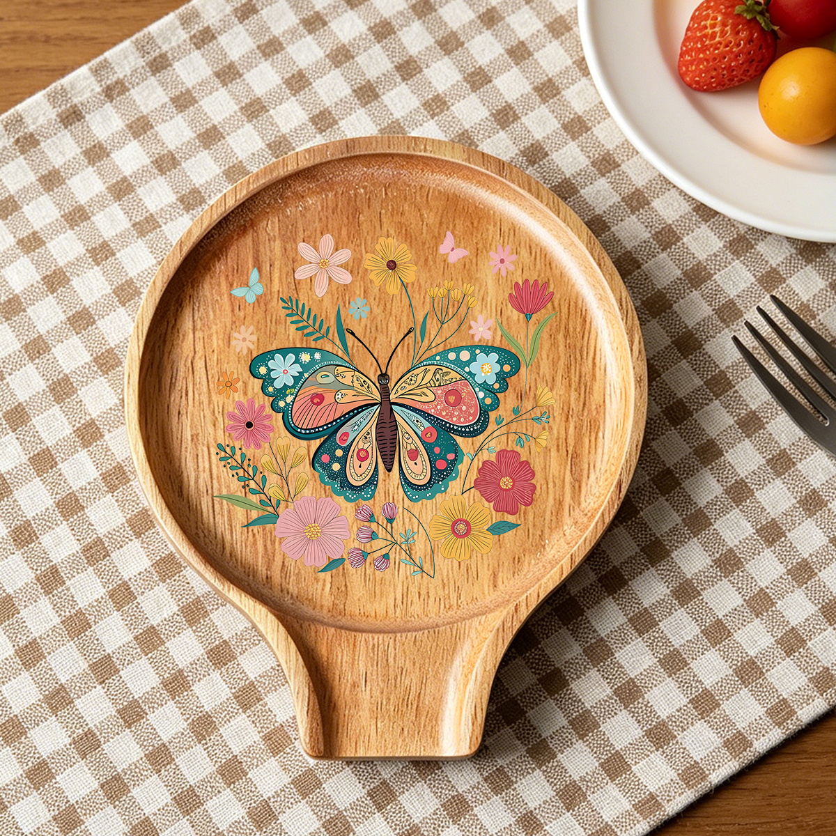 TEMU 1 soporte de madera para cucharas con estampado floral y de mariposas boho colorido, soporte multifuncional para utensilios de cocina para