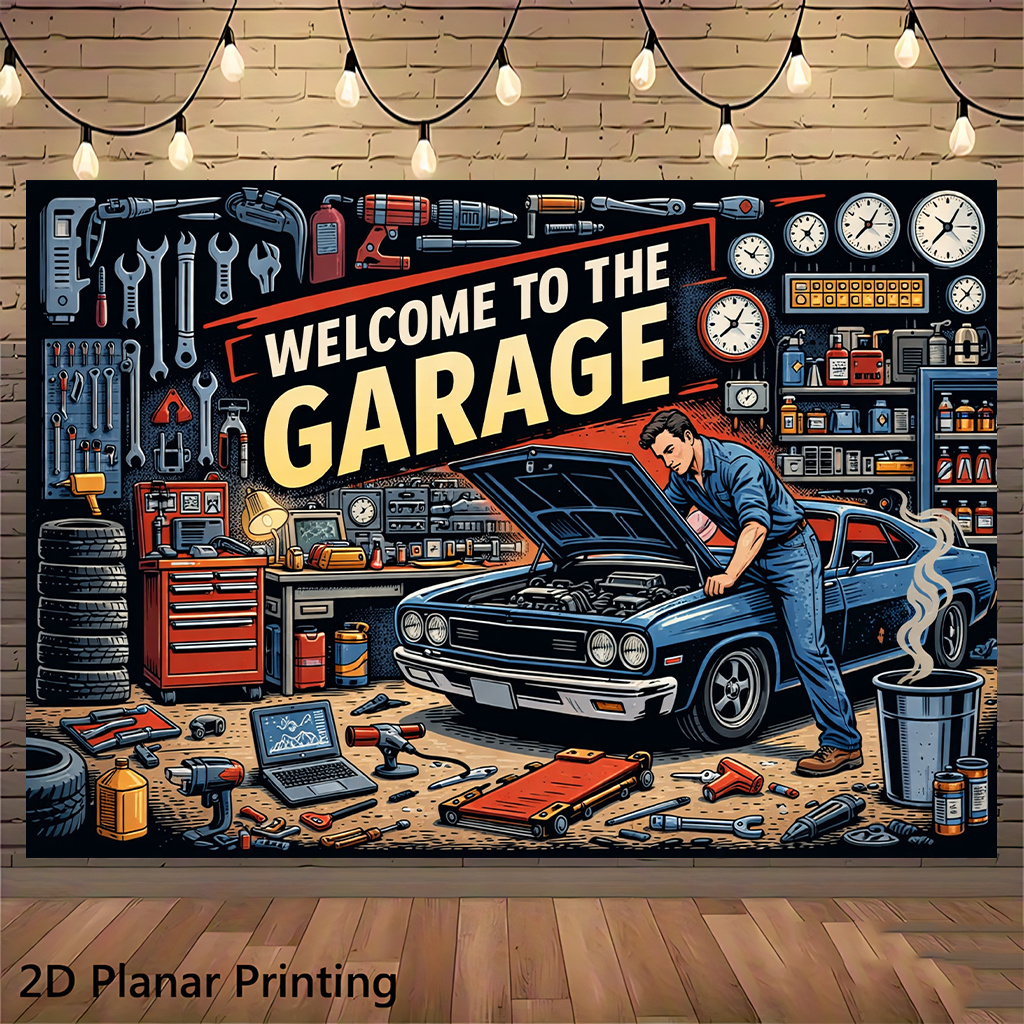 TEMU 2d Flat, 2d Flat - 2d Flat, 2d Flat - 2d Flat Banner 1pc, Garage Maintenance Scene, Wall Decoration Banners, Suitable For Living Rooms, Party
