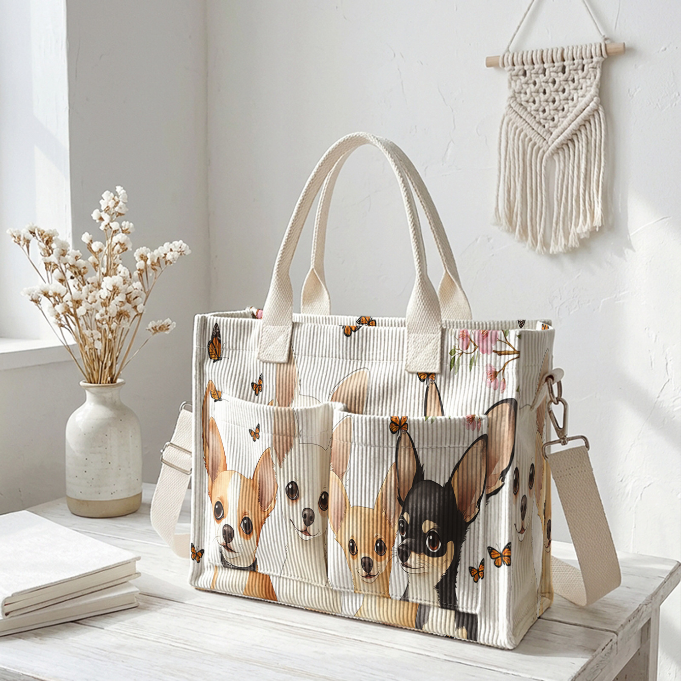 TEMU 1pc, Women's Crossbody Bag, Chihuahua And Pattern 2d Print, Corduroy Multi-pocket, Dual-use Handbag/crossbody | Essential For Daily