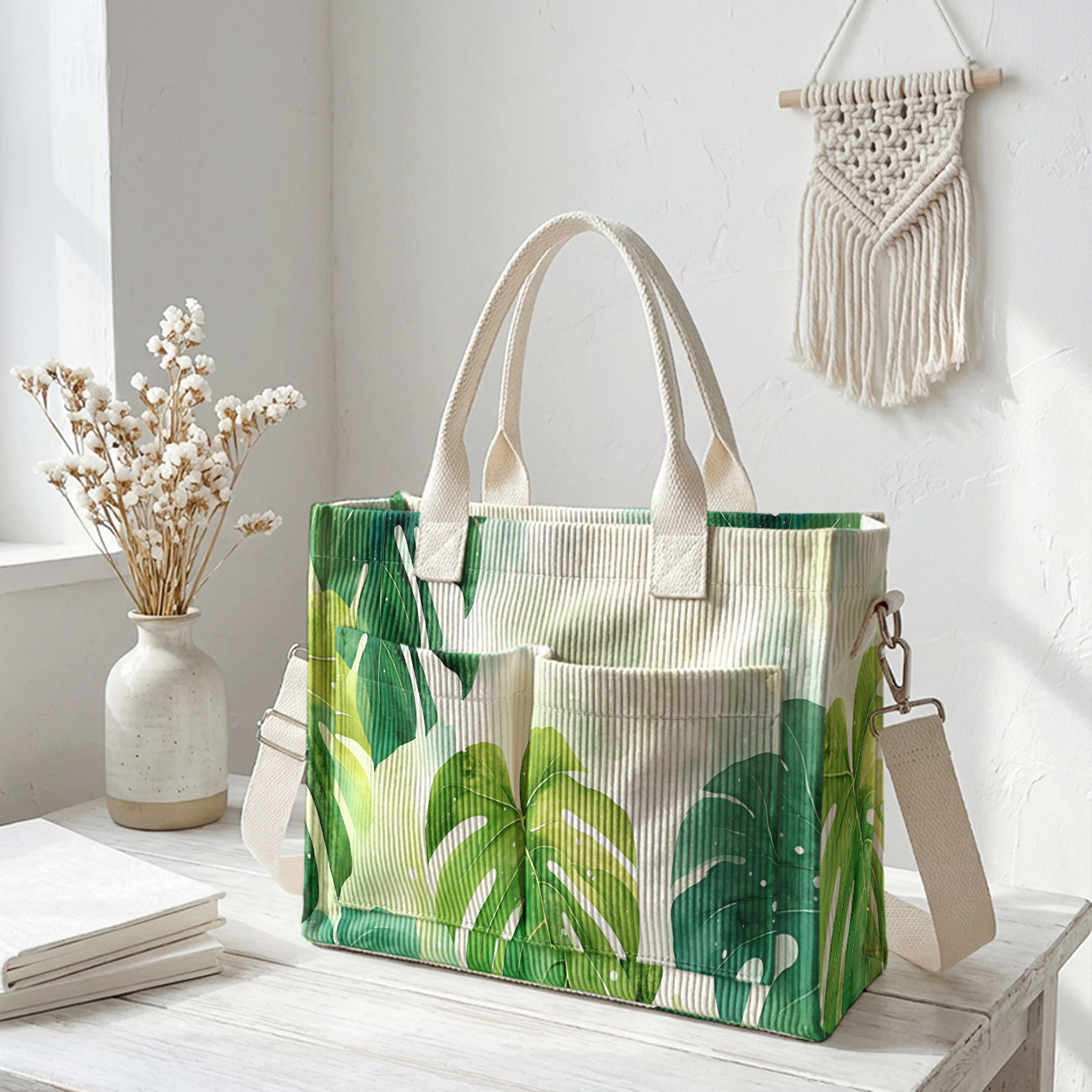 TEMU 1 pièce, Sac à bandoulière pour femme, Imprimé feuille de Monstera 2D, Velours côtelé multi-poches, Double usage Sac à main/Sac à bandoulière |