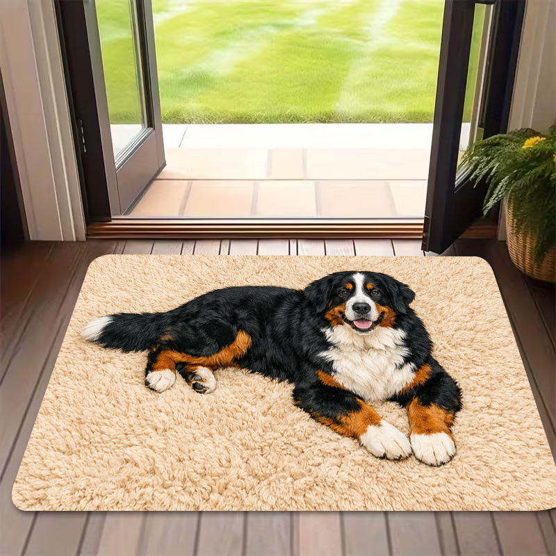 TEMU 1pc, 2d Flat Printing, Cozy Bernese Pattern Entrance Doormat, Anti-slip Machine Washable Easy-to-clean Polyester Rug, Suitable For Home And