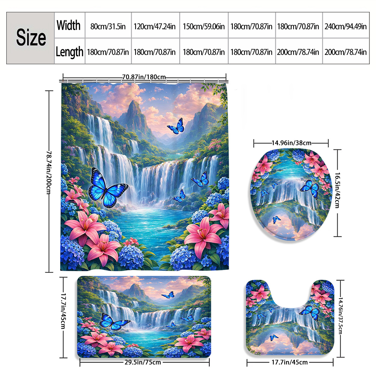 4pcs Serene Waterfall & Butterfly Shower Curtain Set with Toilet Lid Cover