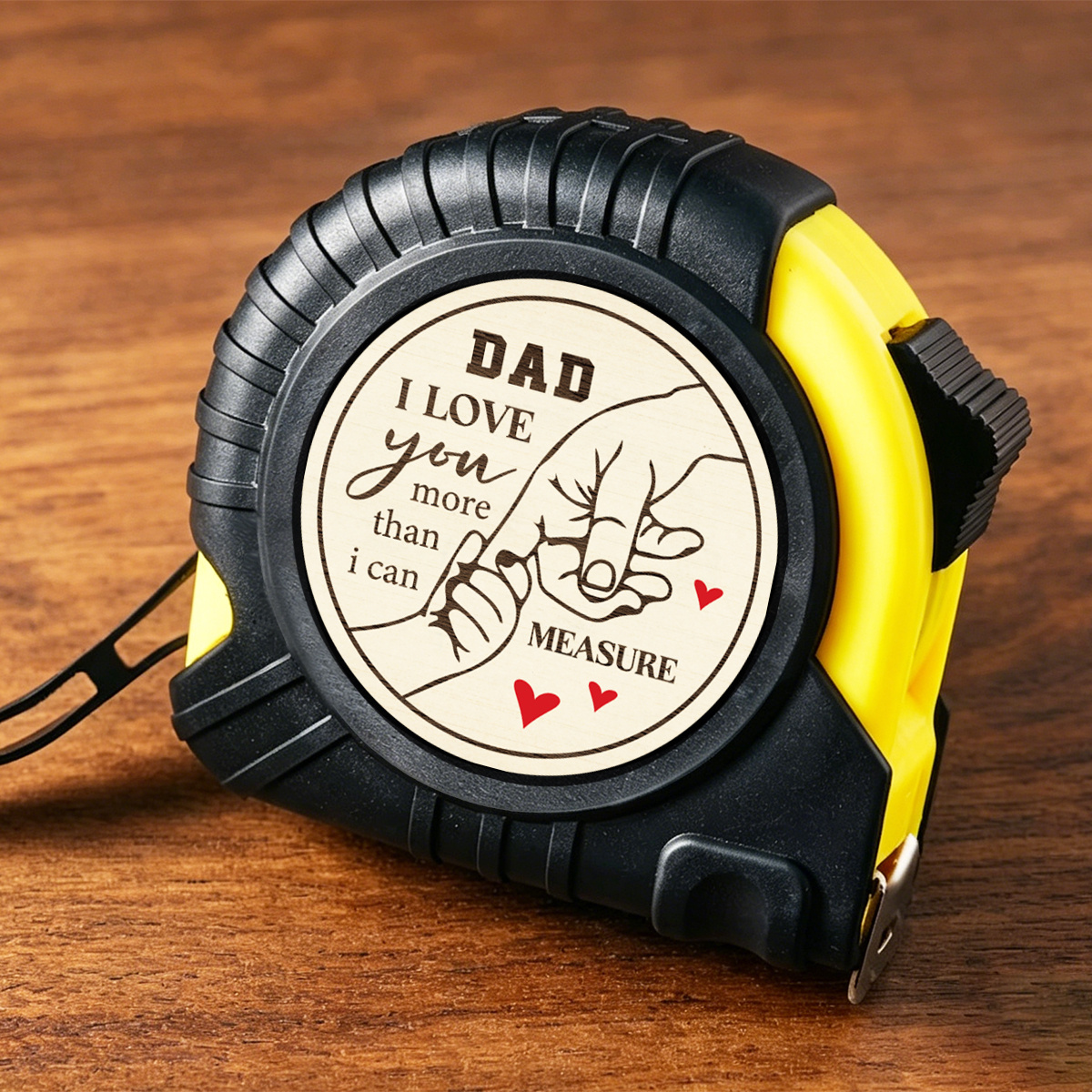 TEMU This Measuring Tape Features A Holding Hands Motif, A Simple Wood Grain Design, Metric/imperial Scales, A Retractable Mechanism, And A Locking