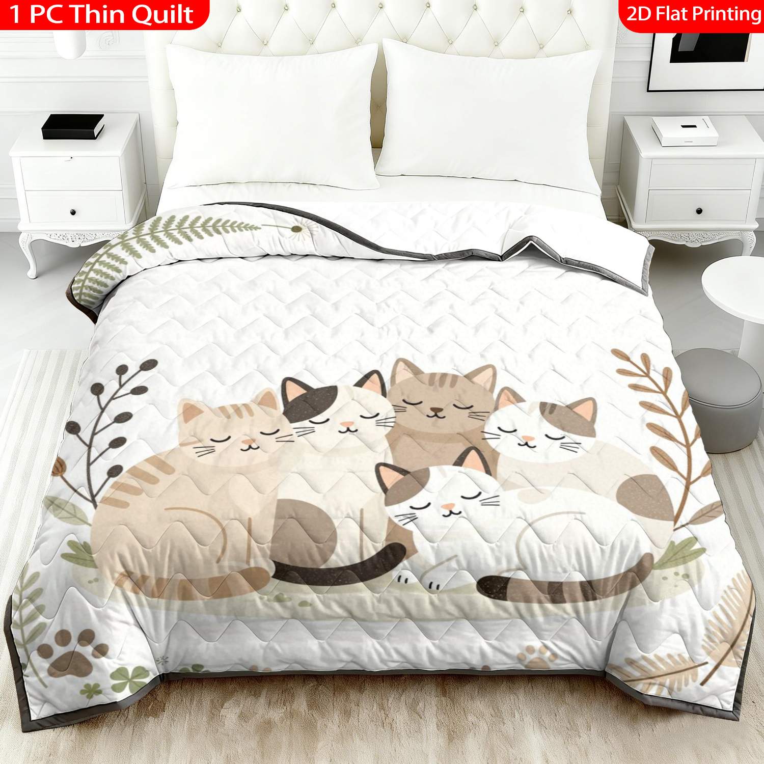 TEMU 1pc Thin Quilt 2d Flat Print Cute With Floral Frame Pattern, Machine Washable And Resistant To Deformation Suitable, In Multiple Sizes, Suitable