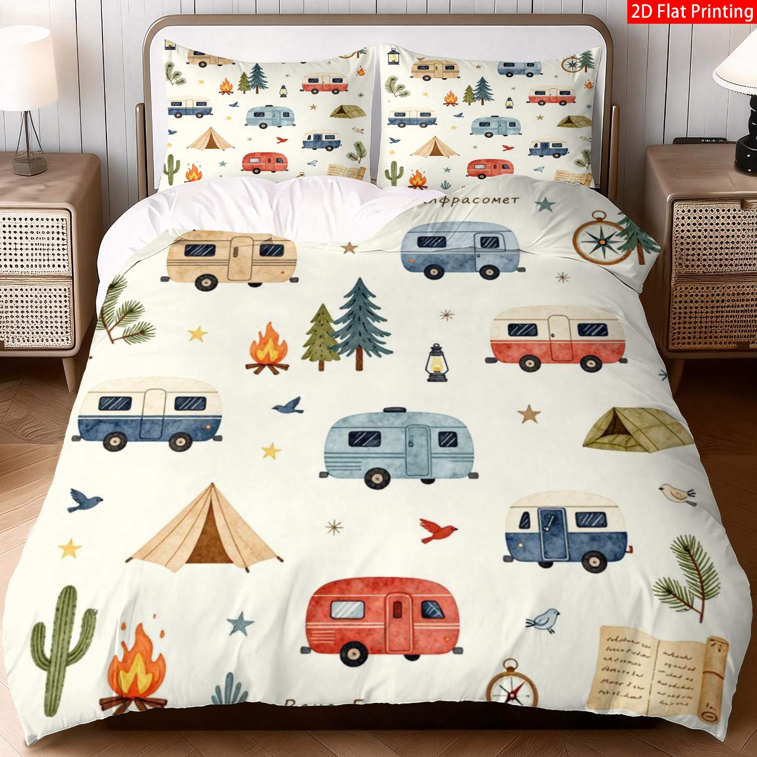 TEMU 2pcs/3pcs Boho Camping Bedspread Suitable For Occasions - Boho Watercolor Tent & Campfire Quilt Cover With Pillowcases, Beige Blue Red Bedding