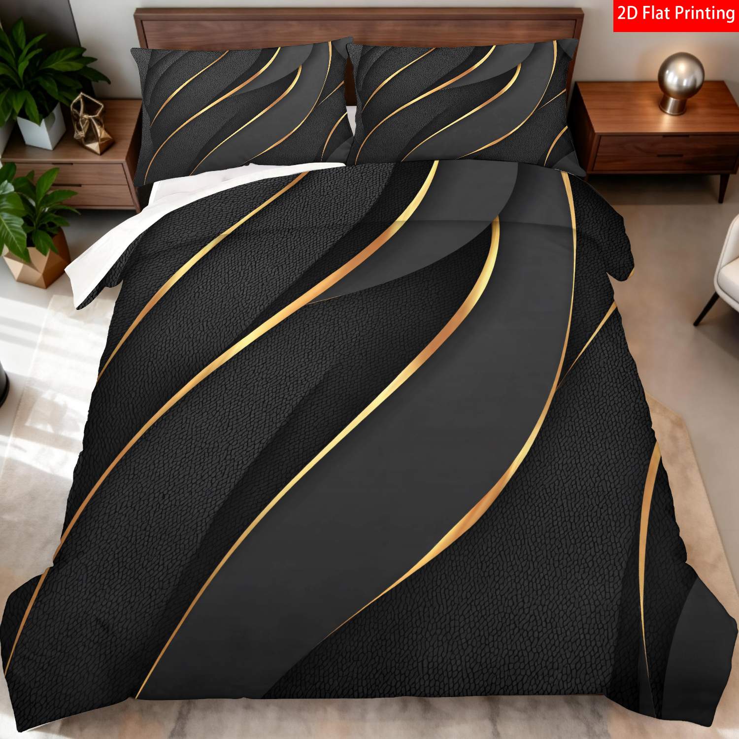 TEMU 2/3pcs 2d Flat Printing Abstract Art Quilt Cover Bedding Black With Golden Print Pattern Suitable For Occasions (1 Duvet Cover And 1/2