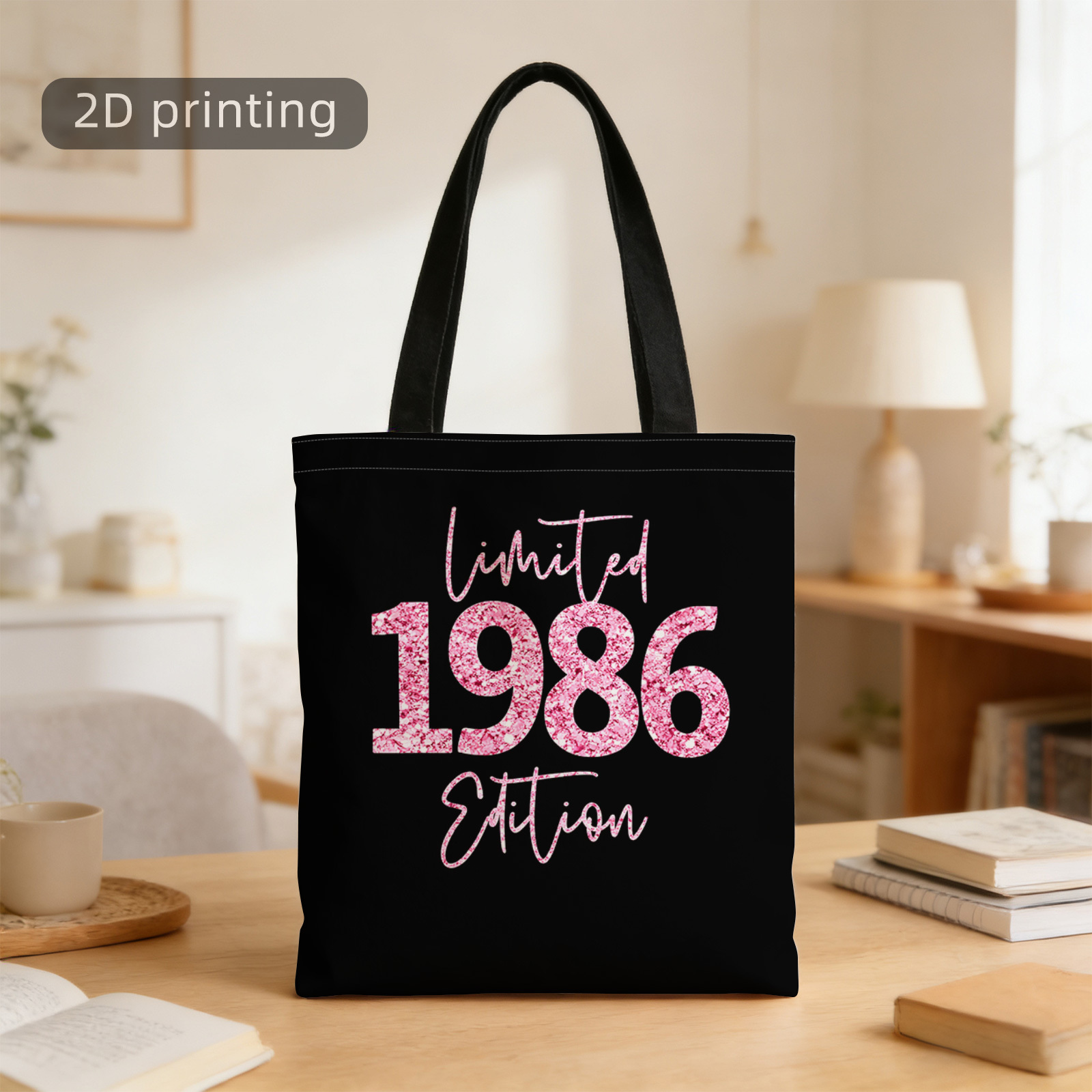 TEMU 1pc 2d Printed Tote Bag, , 1986, Edition, Pink Glitter, Black Background, Reusable, Stylish Shoulder Bag, Tote Bag, Shopping Bag, Suitable For