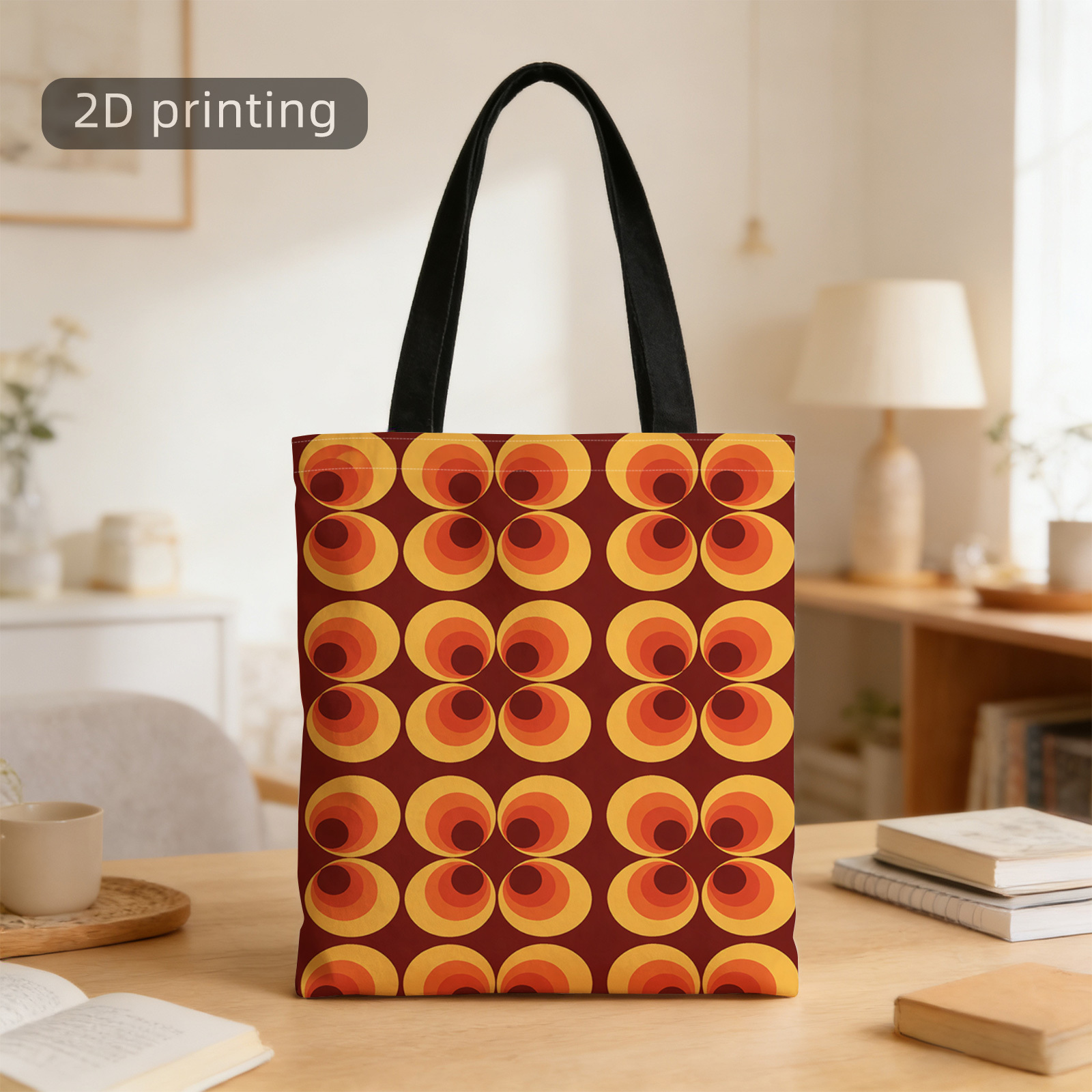 TEMU 2d Printed Tote Bag, Orange, Yellow, Circle Pattern, Retro, Repeating Design, Reusable, Stylish Shoulder Bag, Tote Bag, Shopping Bag, Suitable