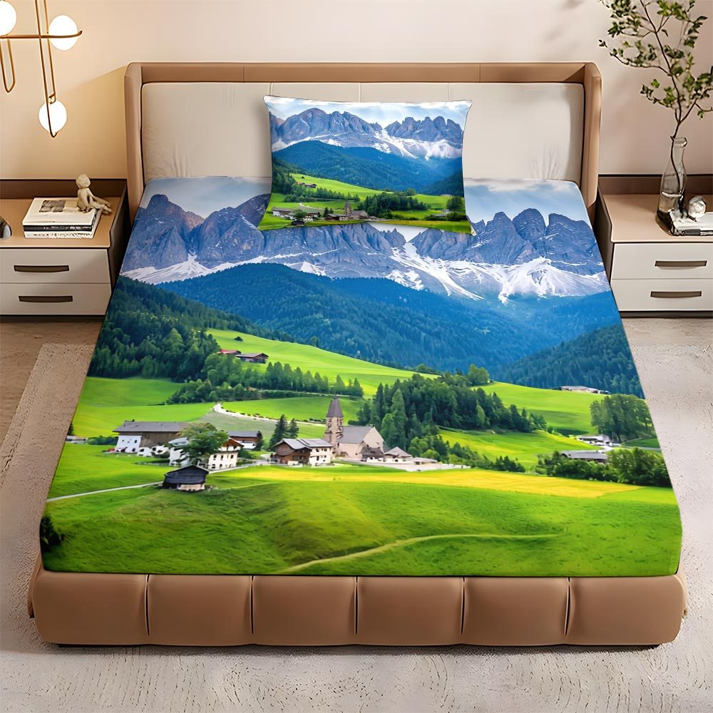 TEMU 2d Flat Scenic Landscape Fitted Sheet Set Multiple Sizes Spring Suitable For Bedroom Guest Rooms All Ages Genders Bed Sheet Breathable Bedding