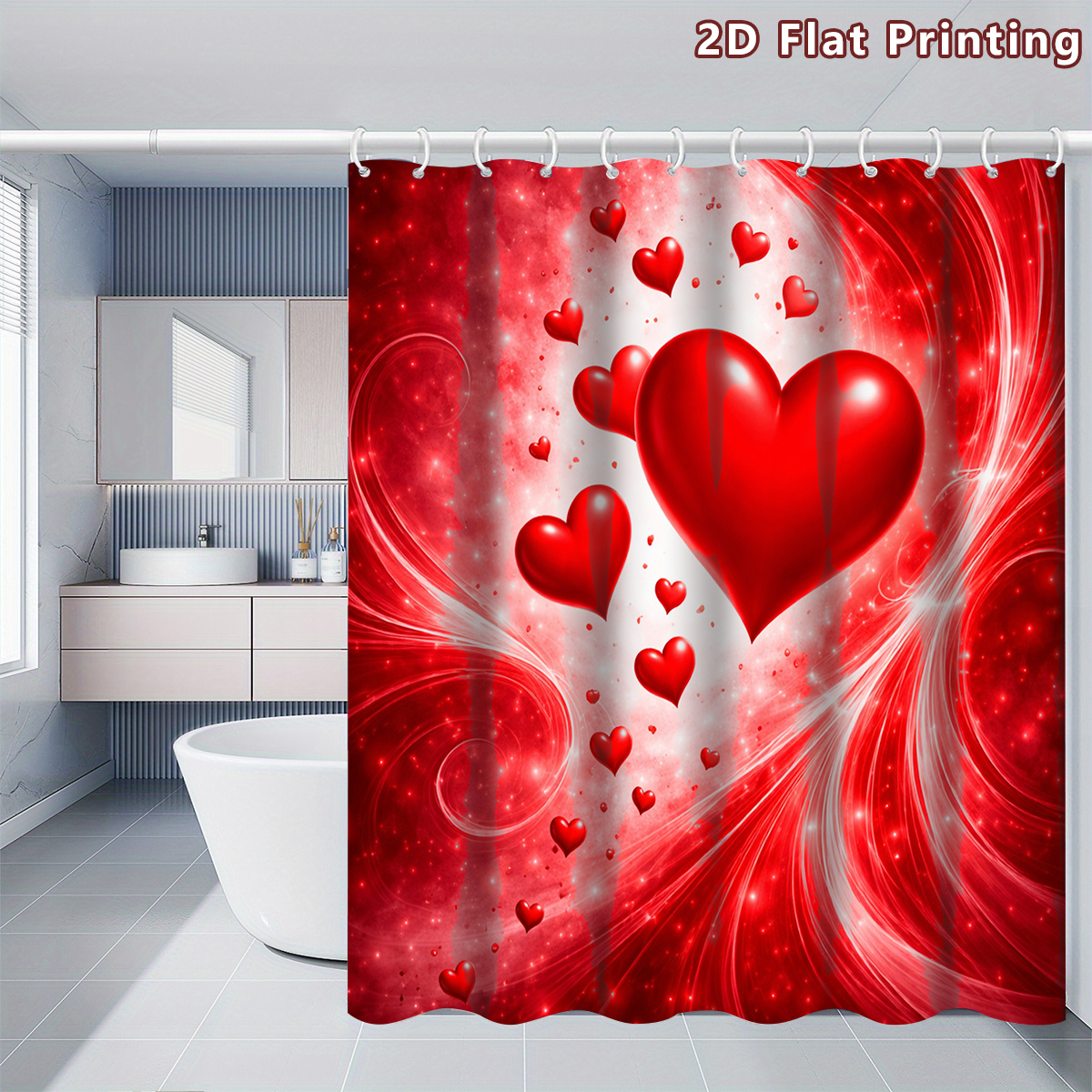 TEMU 2d Flat, 2d Flat, 1pc 2d Heart Pattern Shower Curtain, Bathroom Decor, Options (80x180cm, 120x180cm, 150x180cm, 180x180cm, 180x200cm, 240x200cm)