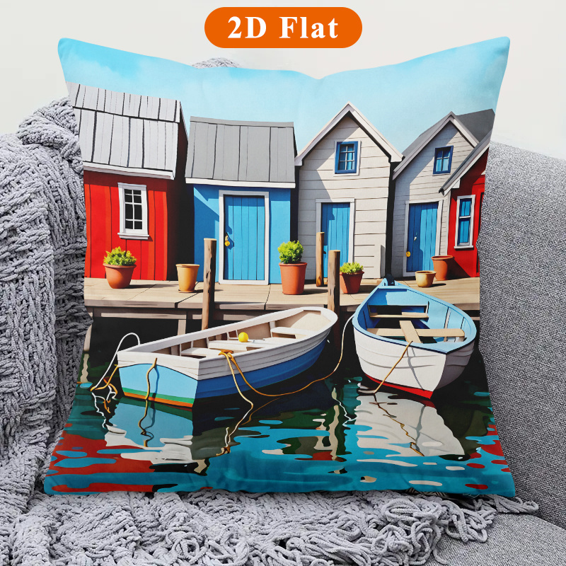 TEMU 1pc, Housses de coussin décoratives carrées et vibrantes Cabins And Boats, disponibles en plusieurs couleurs, parfaites pour et les espaces de