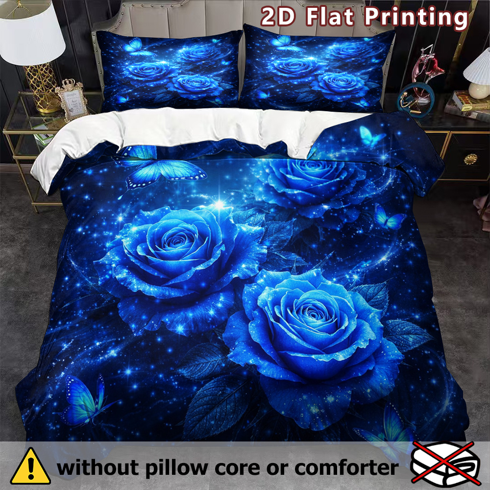 TEMU 3pcs 2d Flat Blue Roses And Butterflies Duvet Cover Set, Starry Sky Background Print, Nature Theme, Breathable Polyester, , Machine Washable, ,