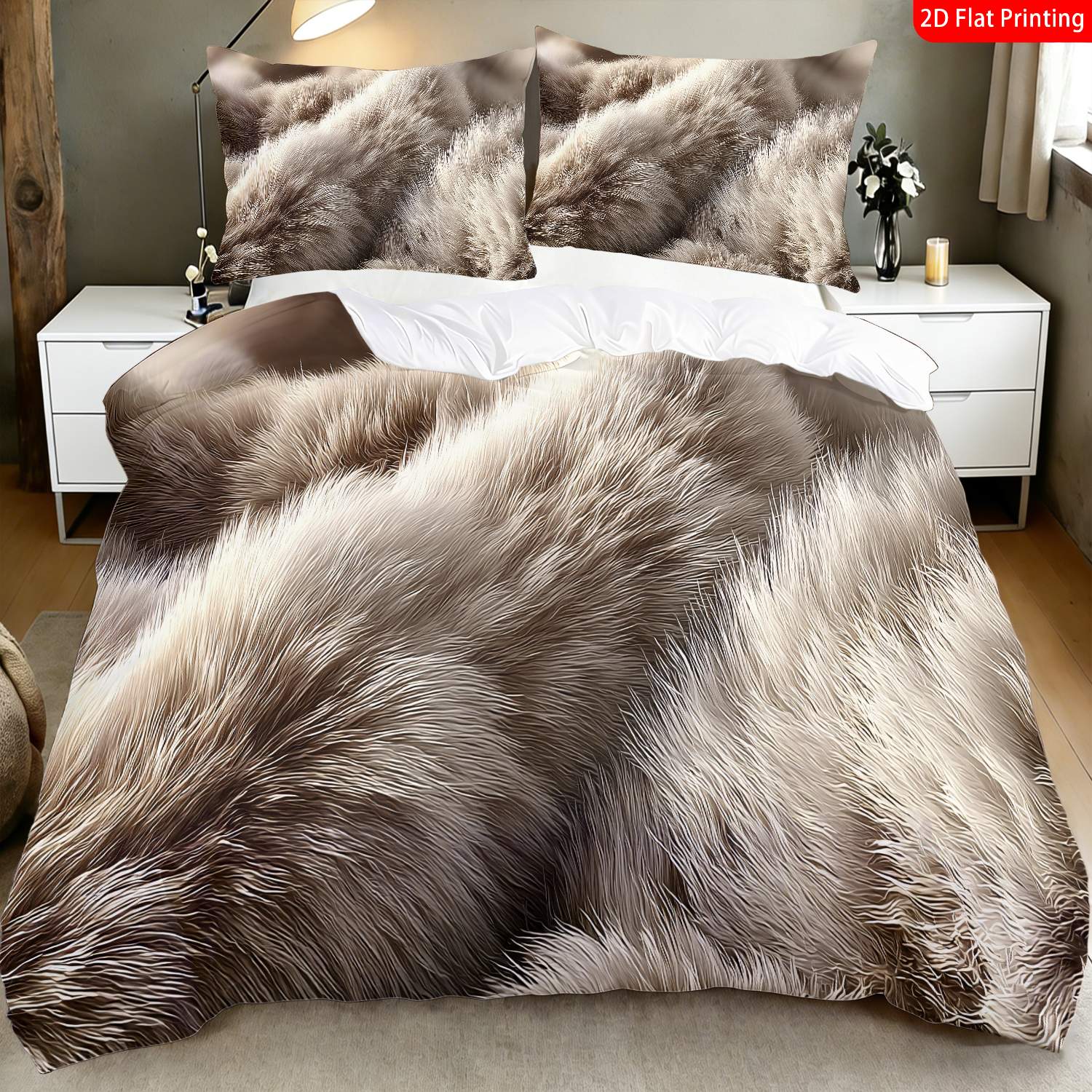 TEMU 2/3pcs 2d Flat Printing Luxury Soft Faux Fur Quilt Cover Bedding Beige Brown Fluffy Animal Print Pattern Suitable For Bedroom Dormitory(1 Duvet
