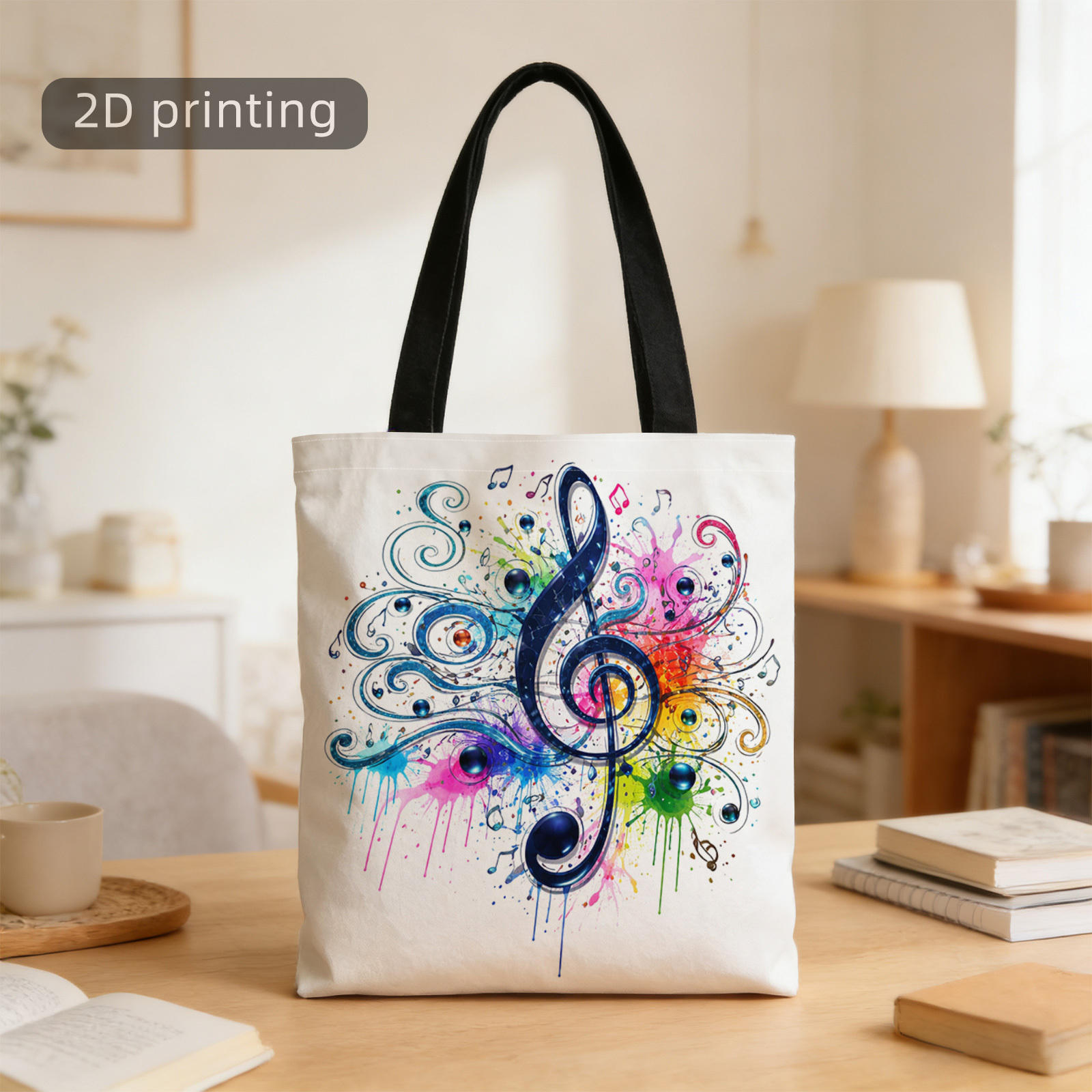 TEMU 2d Printed Tote Bag, Musical Note, Vibrant Colors, Artistic , Dynamic Swirls, Musical Notes, Reusable, Stylish Shoulder Bag, Tote Bag, Shopping