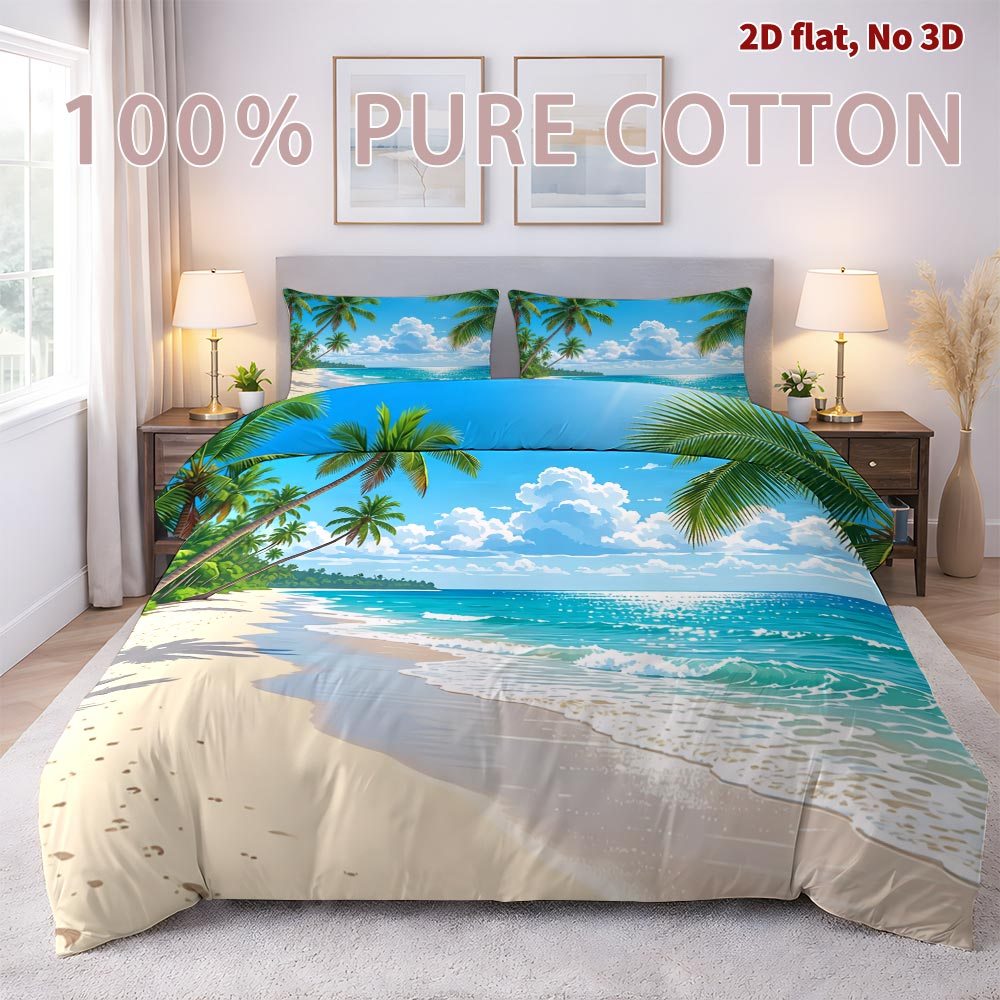 2d Flat Tropical Beach Themed 2/3pcs 100% Cotton Duvet Cover Set Including 1 Quilt Cover And 1 Pillowcases, Perfect For Use In Bedrooms, Guest Rooms, And Dorms