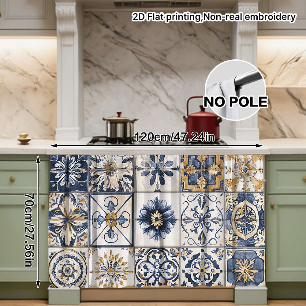 TEMU 2d Flat, 1pc Cabinet Curtain - Blue And Golden Pattern, Practical Hanging Style, Washable, , Easy To Store And Use, Tidy Layout, Decorative And