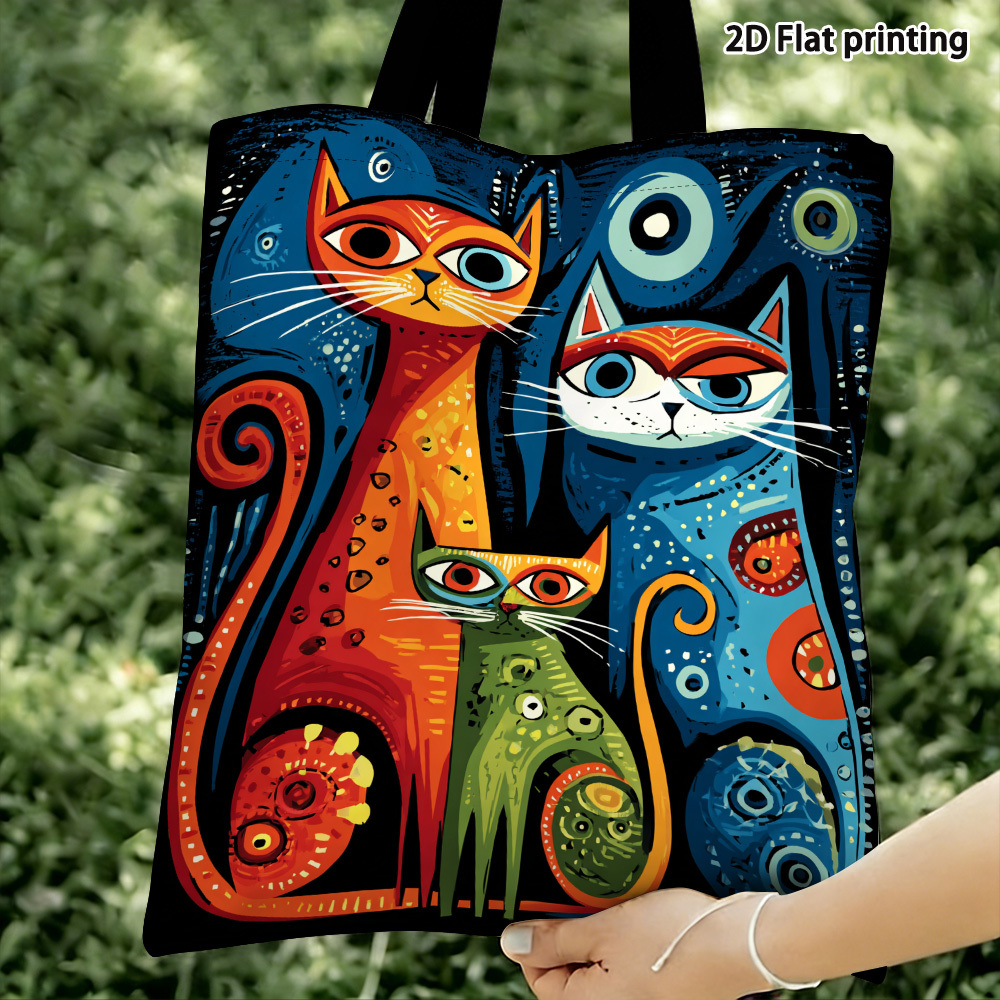 TEMU 1pc Quirky Cat Print Tote Bag - Reusable Foldable Shopping Bag With Double-sided Cat Motif, Lightweight Suitable For Travel, Commuting, Gift For