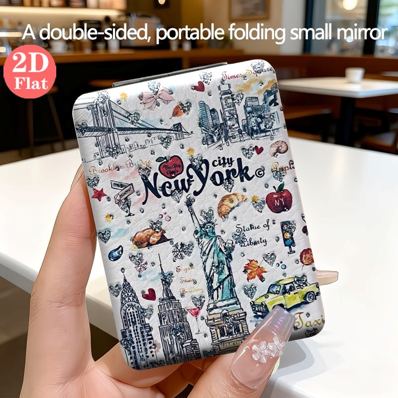 TEMU [2D/] 1 Espejo de maquillaje de calidad, un espejo de mini portátil y plegable con una ilustración temática de . para uso diario, , Día de la y