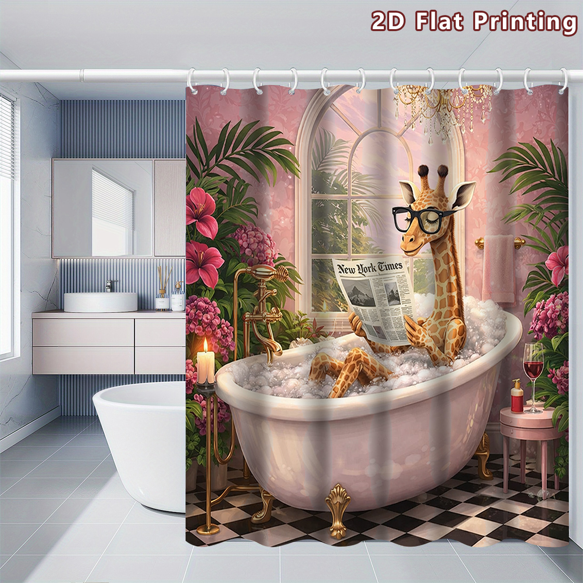 TEMU 2d Flat, 1pc 2d Flat Giraffe In Bathtub Reading Newspaper Shower Curtain, Bathroom Decor, Options (80x180cm, 120x180cm, 150x180cm, 180x180cm,