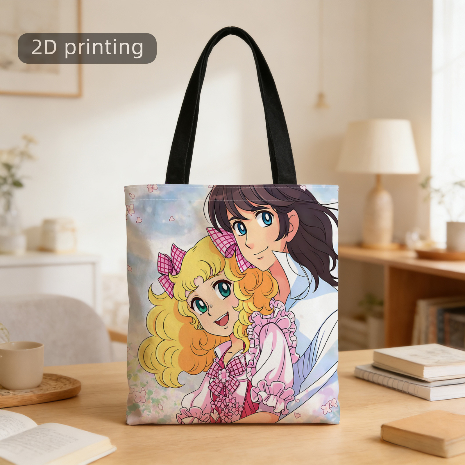 TEMU Borsa Tote Stampata 2D, Personaggi Anime, Fiori di Ciliegio, Amore, Riutilizzabile, Elegante Borsa a Spalla, Borsa Tote, Borsa per , Adatta per