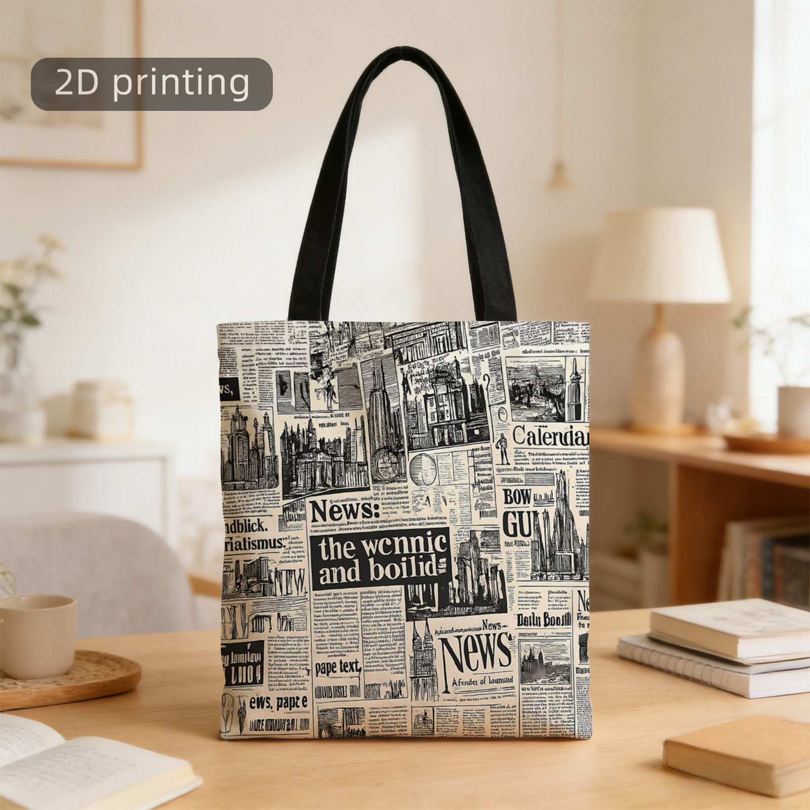 TEMU 1pc 2d Printed Tote Bag, Newsprint, Newspapers, Headlines, Urban Scenes, , Reusable, Stylish Shoulder Bag, Tote Bag, Shopping Bag, Suitable For
