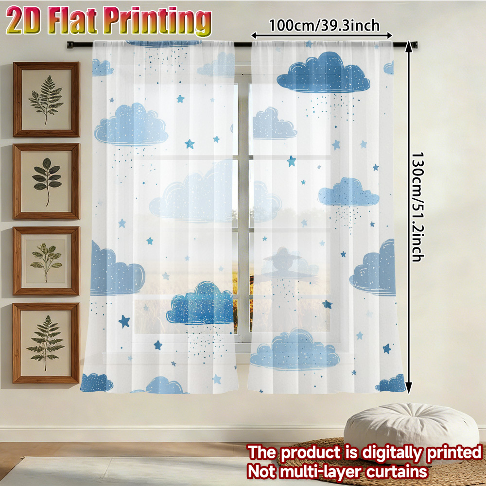 TEMU 2pcs, 2d Flat, Blue Pattern Printed Gauze Curtain Polyester, Use For Living Room, Bedroom, Home Office, Modern Decoration, Decoration, Semi