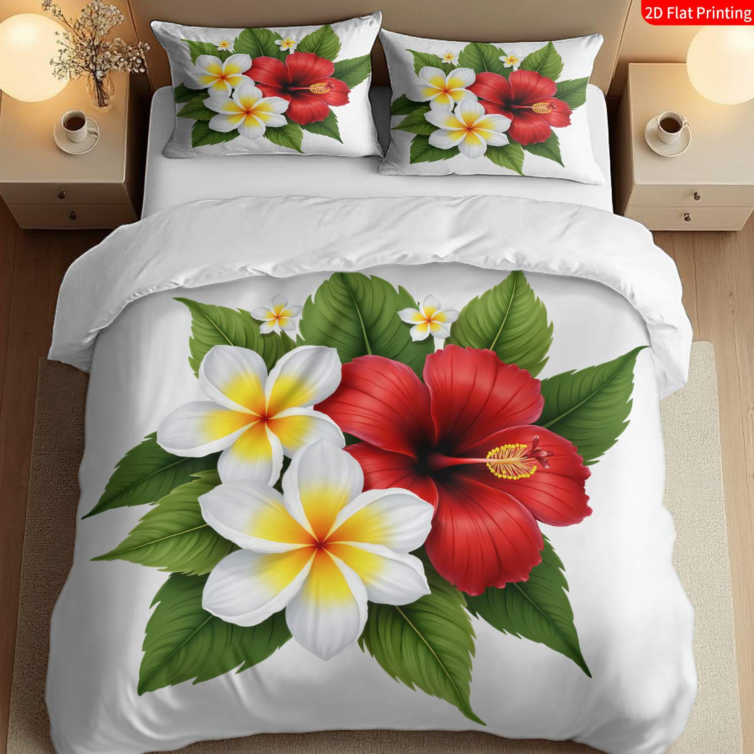 TEMU 2/3pcs 2d Flat Printing Tropical Floral Quilt Cover Bedding Red White Hibiscus Plumeria Flower Leaf Print Suitable For Bedroom Decoration (1