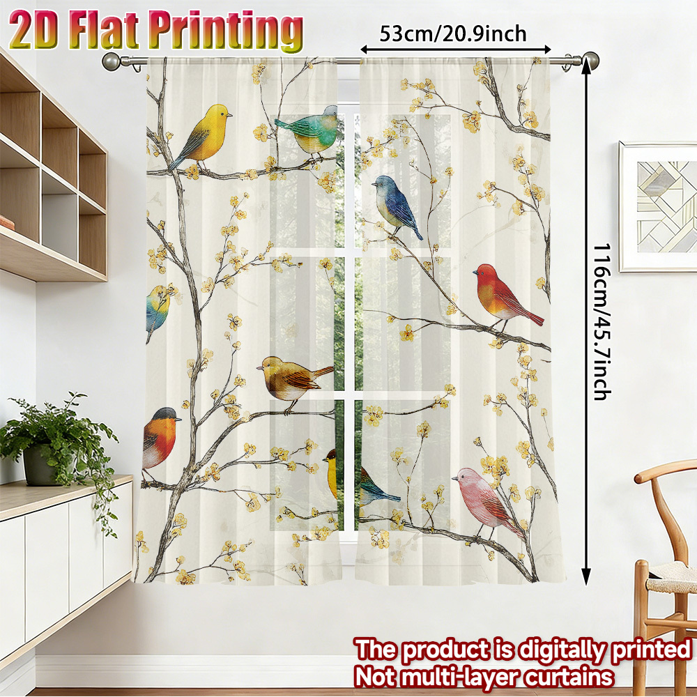 TEMU Set pezzi, Tende 2D piatte in garza stampata traslucida con uccelli colorati su rami di alberi, 100% poliestere, per camere da letto, soggiorni,
