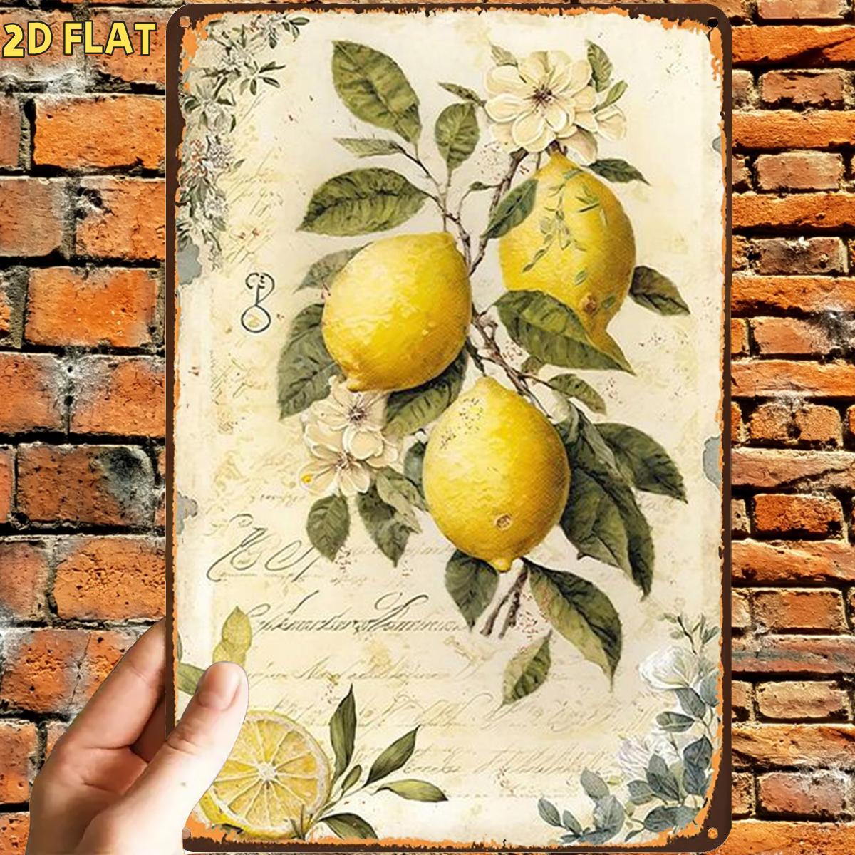 TEMU 2d Flat, 1pc, Retro Vintage Lemon Botanical Art Print Metal Iron Sign, Pre-drilled Holes, Suitable For Indoor, Garden, Outdoor, Home, Office,