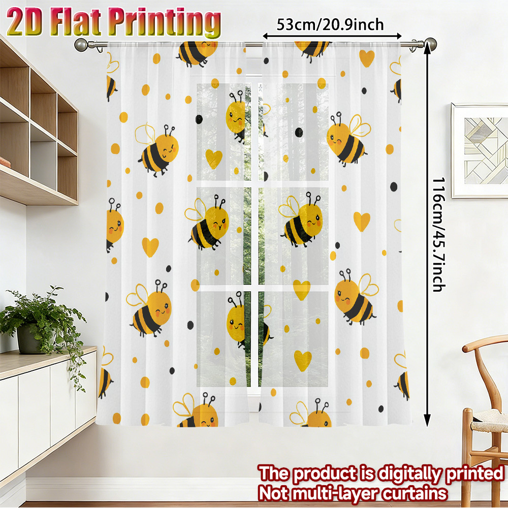 TEMU 2pcs Set, 2d Flat Design, Cute Bees And Yellow Hearts Translucent Polyester Gauze Curtains, Ideal For Spring And Summer Decoration, Suitable For