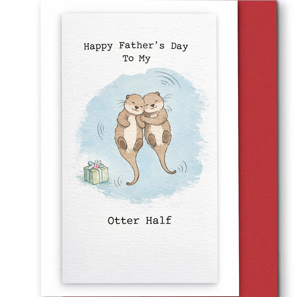 TEMU 1pc Cute Father' Day Card, "happy Father' Day To My Otter Half," Featuring 2 Cuddling With A Small Gift On A Blue Watercolor Background, A