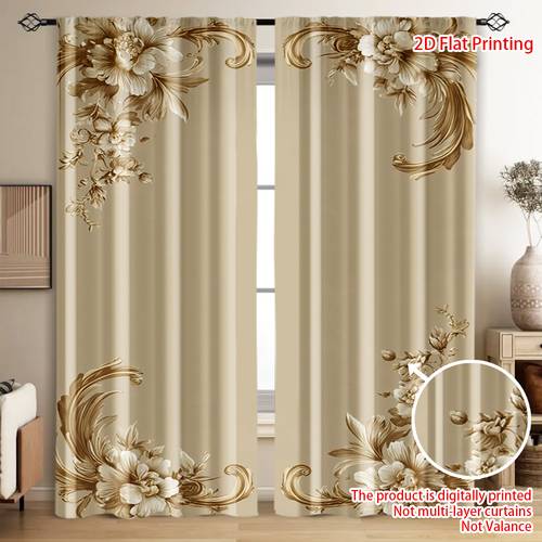2d flat 2pcs 2d flat printing golden floral decorative border printed curtains rod pocket drapes for living room dorm home decoration 2d flat