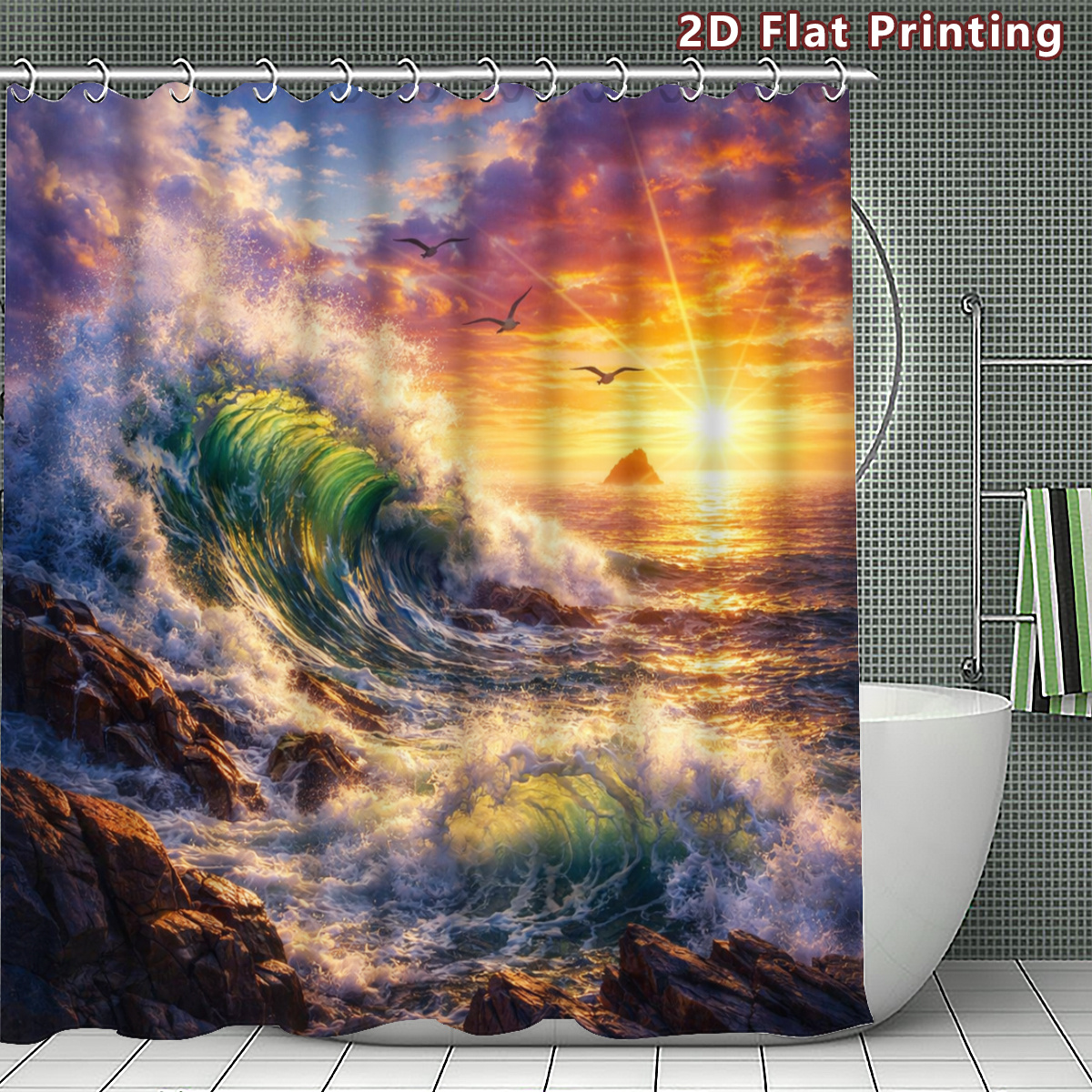Ocean Sunset Wave Shower Curtain, Multiple Size Options