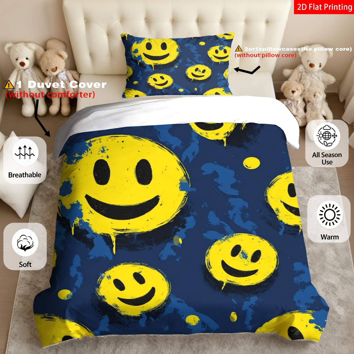 TEMU 2pcs/3pcs Modern Face Bedspread Cover - Abstract Graffiti Quilt Cover With Pillowcases Suitable For , Zippered Bed Sheets, Machine Washable Room