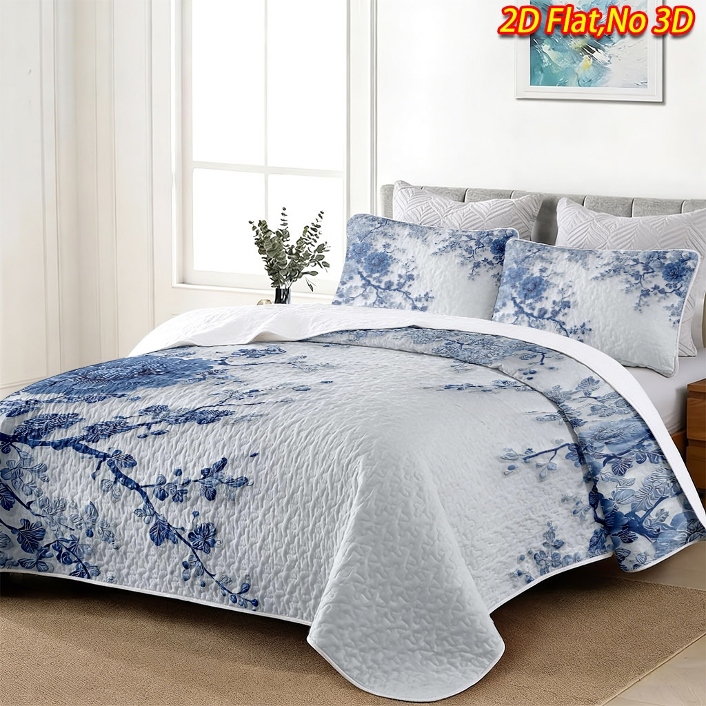 TEMU 2/3pcs 2d Flat Blue And White Floral Branch And Leaf Pattern Bedspread Set, Bedding Comforter Cover Set, 1/2pcs Pillowcases   1pc Bedspread,