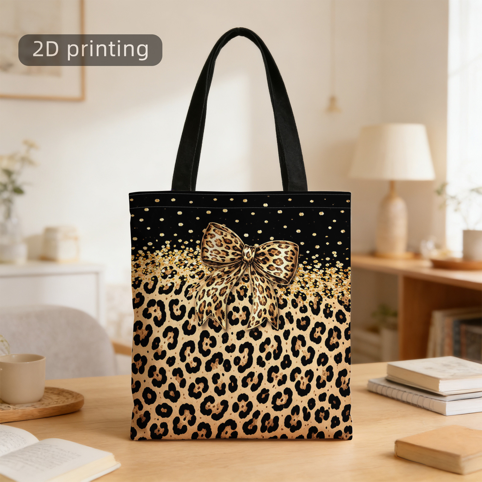 TEMU Borsa Tote Stampata 2D, Stampa Leopardata, , Glitter Dorati, Sfondo , Design , Riutilizzabile, Elegante Borsa a Spalla, Borsa Tote, Borsa per ,